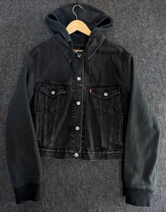 NWT Levi's Denim Jacket Hybrid Original Trucker Hooded Black Womens XL Cropped - Picture 1 of 14