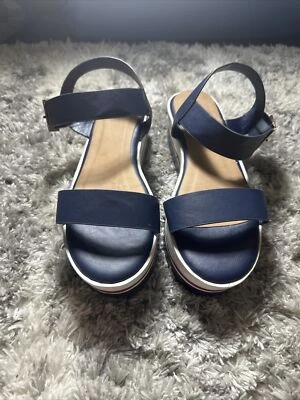 竹制品牌-独特蓝色皮革女式 10 码楔形绑带厚底凉鞋 — 第 1/4 张图片