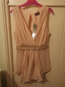 Lipsy London Women's split in back nude beaded waist tunic blouse top size 10 - Picture 1 of 8