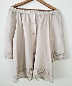 Belle France Italy Top Blouse Size Medium Beige Linen Button Lace Off Shoulder - Picture 1 of 8