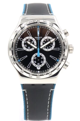 New Swiss SWATCH Irony Blue Details Chronograph Leather Watch 44mm YVS442 $190 - Image 1 of 4
