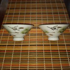 Set (2) Vintage White Green Black Gold Birds Asian Oriental Rice Bowls Japan
