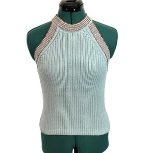 NWT Madewell XS Valley Sweater Tank Top Blue Brown Trim Halter Neck Chunky - Picture 1 of 8