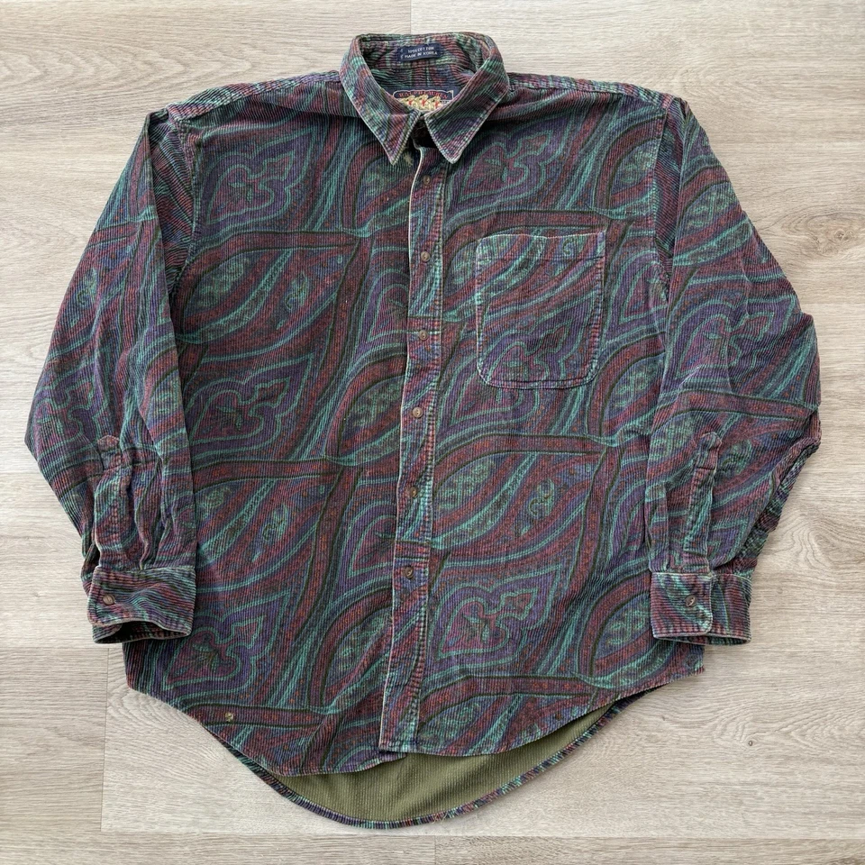 Vintage 90s Ralph Lauren Men XL Thick Corduroy Cotton Paisley Chaps Button Shirt - Image 1 of 4