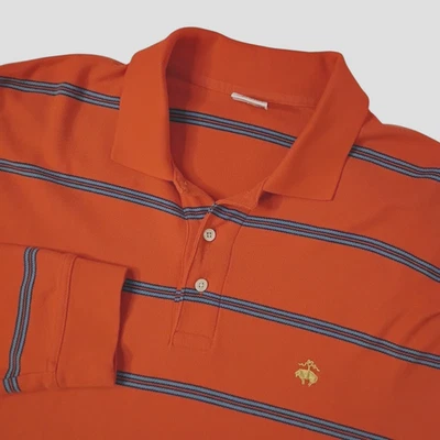 Brooks Brothers Performance Polo 衫中号 LS 橙色蓝色条纹橄榄球标志 — 第 1/4 张图片