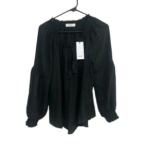 Black Peasant Blouse Boho Tassel Tie Balloon Sleeve Romantic Cottagecore Chic S - Picture 1 of 8