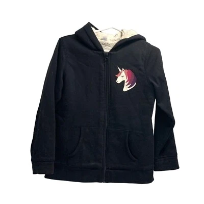 Chaqueta Forrada Sherpa Negra Talla XL 14 16 Azul Marino Antiguo Abrigo con Cremallera Unicornio Capucha Foto 1 de 4