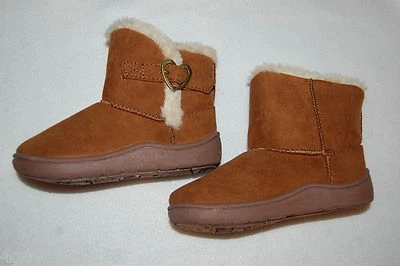 Toddler Girls CAMEL BROWN BOOTS Mock Suede SILVER HEART BUCKLE Faux Fur Trim 7 - Image 1 of 2