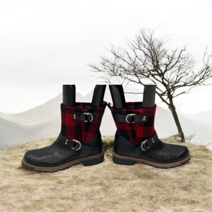 Woolrich Red Balt Buffalo Plaid Moto Combat Boot womens Size 8 ankle length - Picture 1 of 8