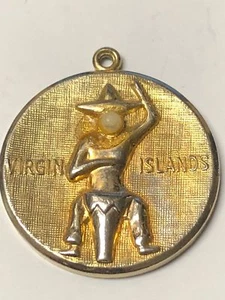 1960's Virgin Islands Gold Tone Faux Pearl Round Pendent Native Playing Drum - Picture 1 of 2