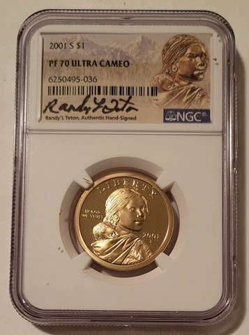 2001 S Native American Sacagawea Dollar Proof PF70 UC NGC Randy'L Teton Signed Cover