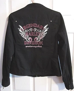 Harley Davidson Womens SMALL Lined Zip Cafe Racer Jacket 100% Cotton Embroidered - Picture 1 of 12
