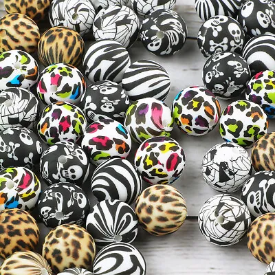 10Pcs Leopard Round Silicone Beads DIY Lanyards Keyring Necklace Jewelry Making • 4.91€