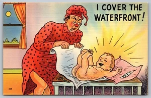 Humor Postcard I Cover The Waterfront Man Changing Boys Diaper 1930s Linen L1 - Picture 1 of 2