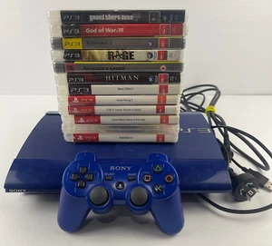 Playstation 3 Super Slim Console & Controller + 12 Games - 500GB Blue CECH-4002C - Picture 1 of 15