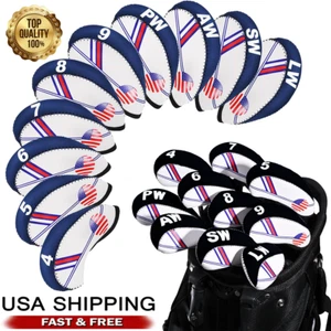 10 pcs Golf Head Cover Set Club Iron HeadCovers Protect set Neoprene US USA Flag - Picture 1 of 10