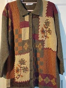 Vintage Strickjacke 80er grün & braun Blumen Patchwork Langarm UK 16/18 - Bild 1 von 8