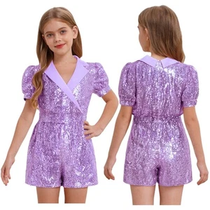 Girls Solid Color Lapel Short Sleeve Sparkly Sequined Jumpsuit Party Wedding - Picture 1 of 65
