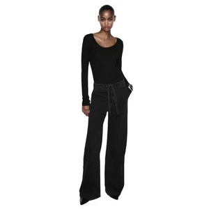 Zara Wide Leg Jeans Women's Size Large Black Wash Denim High Rise Front Tie - Picture 1 of 16