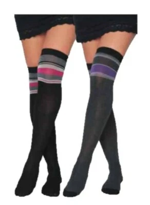 Calcetines hasta el muslo negros y grises a rayas rosa/púrpura (2 pares) Foto 1 de 2