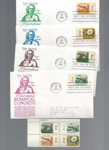 Set of 4 1969 Botanical Scott 1376-79 FDCs w/ Anderson cachets + MNH plate block Cover