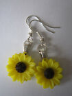 Drop / Dangle Earrings - Sunflower -  Bright Yellow Flowers - Silver Plated
