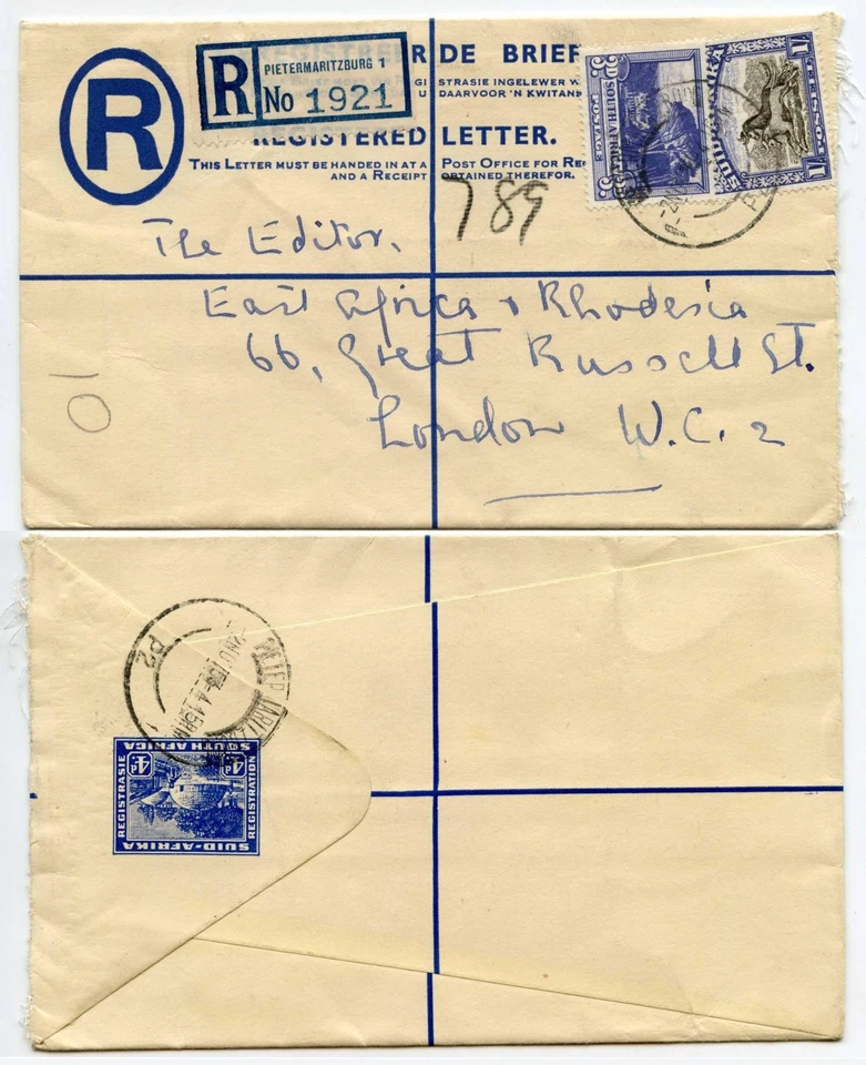 PAPELERÍA REGISTRADA SUDAFRICA 1953 MEJORADA 1/- + 3d PIETERMARITZBURG a GB Foto 1 de 1
