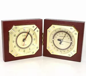 LINDEN DESK CLOCK - WOOD/BRASS w/ HYGROMETER/THERMOMETER - NEW - KK463 - Picture 1 of 5