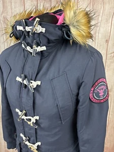 SUPERDRY RESCUE JACKET DUFFLE COAT PARKA SMALL SIZE 8 / 10 WOMENS NAVY FUR HOOD - Picture 1 of 24