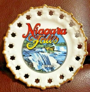 Placo de porcelana de 8" de las Cataratas del Niágara Nueva York borde dorado y flores cortadas a lo largo del borde - Imagen 1 de 3