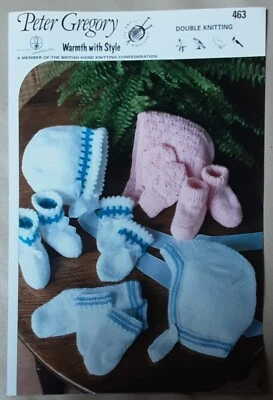 New Original Peter Gregory Dk Baby Hat Mitts Socks Bootees Knitting Pattern 463 - Image 1 of 4