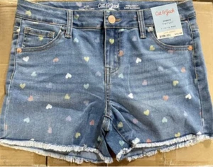 Cat Jack Target Girls Denim Jean cutoff Shorts Hearts Size Large 10/12 plus NWT - Picture 1 of 4