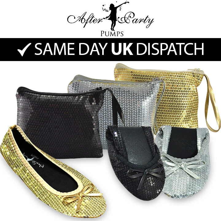 SEQUIN ROLL UP FOLD PUMPS FLATS AFTER PARTY SHOES POCKET FREE BAG FOLDABLE