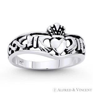 Irish Claddagh Charm Liebe Treue Freundschaft Versprechen .925 Sterling Silber V-Ring - Bild 1 von 1