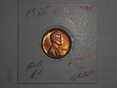 wheat penny 1955 ERROR 5/5 LINCOLN CENT 1955-P DOUBLE ''5'' RED BU LOT #B UNC  - Image 1 of 4