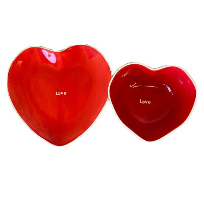 Pottery Barn Heart Shape Love  Plate Bowl Set Candy Red White Ceramic Valentine - Image 1 of 4