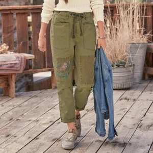 Sundance NWT Ariel Embroidered Pants Olive Green Size 16 Bird Avian Barrel Leg - Picture 1 of 12