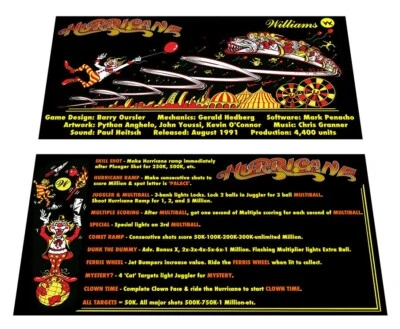 Williams Hurricane Pinball Custom Apron Instruction Cards - Image 1 of 3