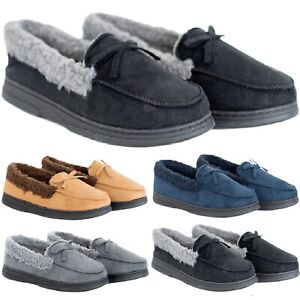 MENS MOCCASIN INDOOR FAUX FUR LINED LIGHT WEIGHT HARD SOLE WARM COMFY SLIPPERS