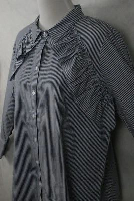 Kenneth Cole Pinstripe Indigo Combo Cotton Blouse w/ Ruffles SZ XL NWT - Image 1 of 4