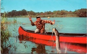 Camisa de franela hombre en canoa roja atrapa peces - postal cromada - resistente a aterrizar - Imagen 1 de 2