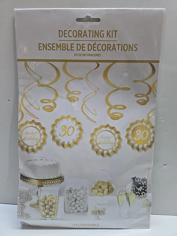 30TH HAPPY BIRTHDAY DECORATING KIT HANGING FANS SWIRLS GOLD - Image 1 of 1