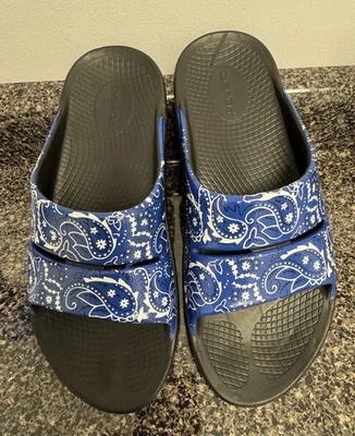 Oofos Ooahh Women Size 9 Blue Slides Bandana Paisley Recovery Sandals Lmtd Ed - Image 1 of 4