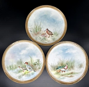 3 antike Haviland Frankreich Porzellan Teller Ufer Vögel handbemalt signiert 8,5" - Bild 1 von 12