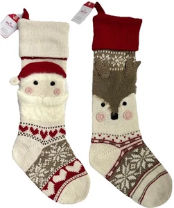 2 POTTERY BARN KID CLASSIC FAIR ISLE SANTA REINDEER FACE CHRISTMAS STOCKINGS NEW - Picture 1 of 4