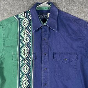 VTG Wrangler Shirt Mens Large Blue Green Brushpopper Front Aztec Stripe 90s - Picture 1 of 8
