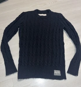 Vintage Superdry Jumper Mens Small Navy Blue Wool Blend Premium Cable Knitwear - Picture 1 of 6