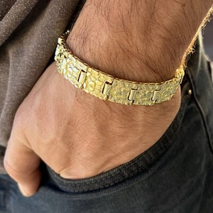Men's 14K Gold Plated "Gold Nugget" Flat Hip Hop Bracelet 15MM Thick 8" inch - Picture 1 of 15