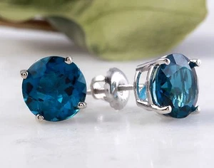 4.50 Carats Natural London Blue Topaz 14K Solid White Gold Stud Earrings - Picture 1 of 5