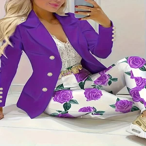 Casual Two-piece Set, Solid Double-breasted Blazer & Floral Print Slim Pants Ou - Picture 1 of 4